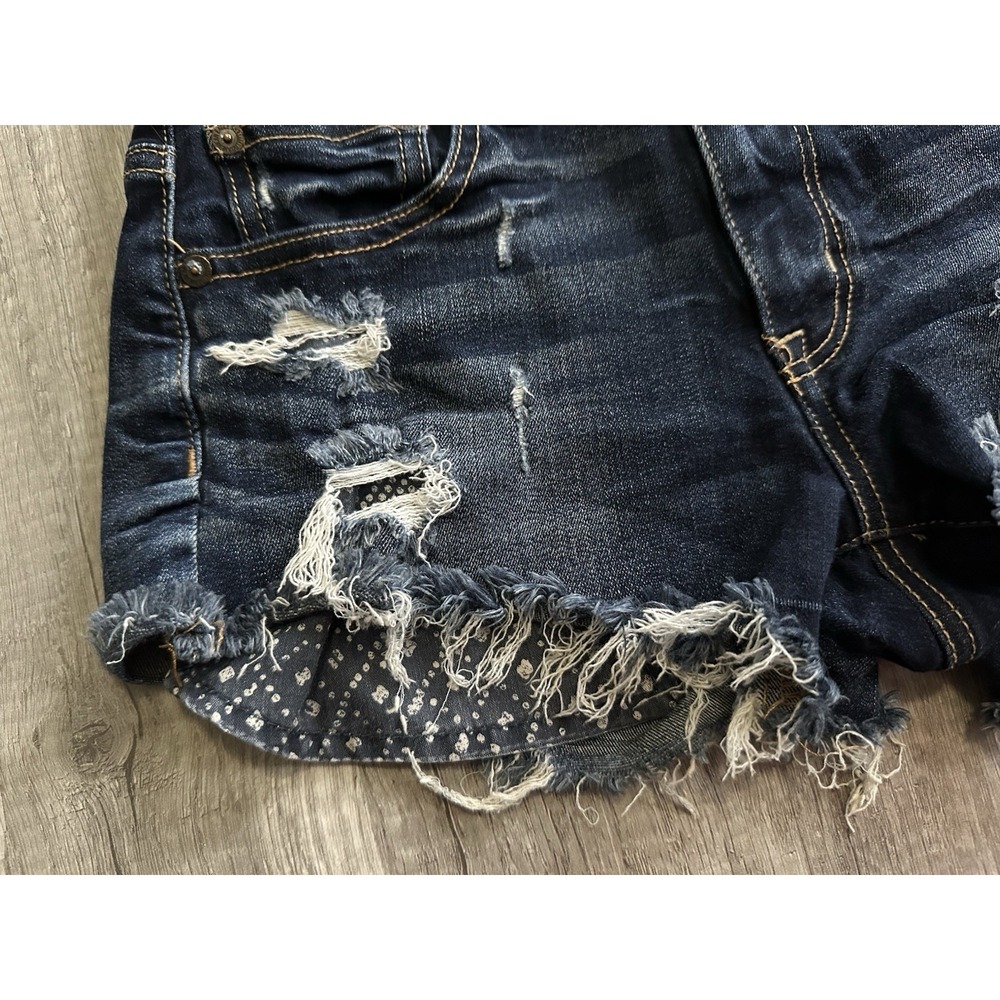 American Eagle Distress Denim Shorts Dark Wash Frayed Hem Size 00 Super Stretch - Picture 3 of 12